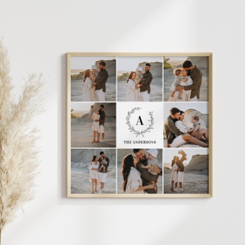 Modern photo collage wreath monogram family poster