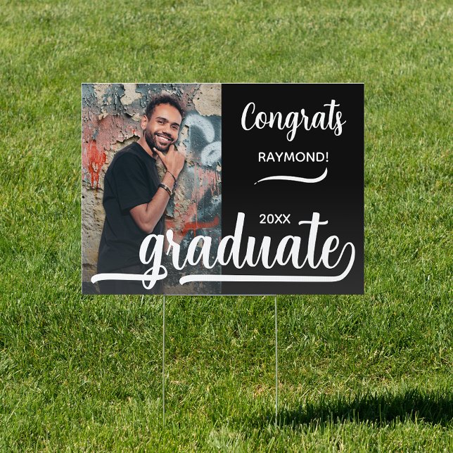 Modern Photo Congrats Graduate Black Yard Sign (Modern photo congrats graduate black yard sign)