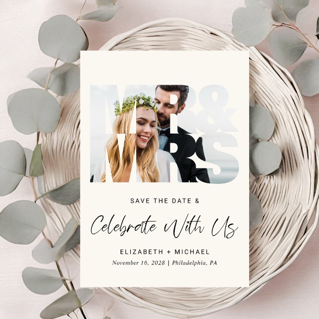 Modern Photo Cream Wedding Reception Save The Date (A chic Save The Date photo announcement for a post-wedding reception to celebrate your marriage)