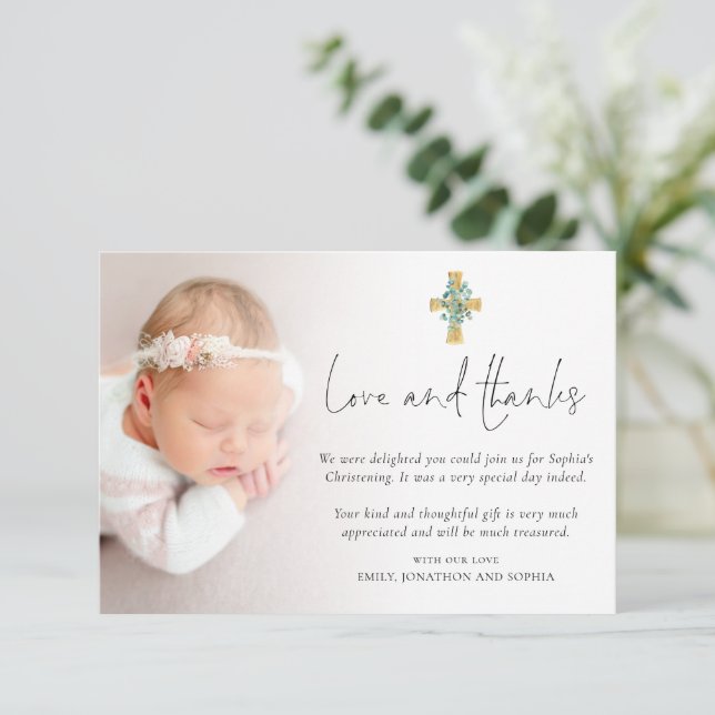 Modern Photo Cross Christening Baptism Love Thanks Note Card (Standing Front)