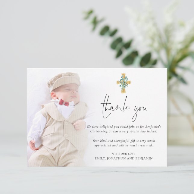 Modern Photo Cross Christening Baptism Thank You Note Card (Standing Front)