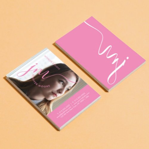 Modern Photo Curvature Girly Pink Script Monogram Business Card