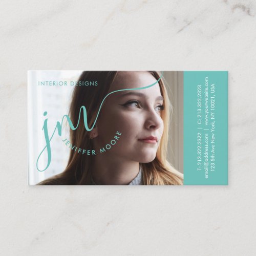 Modern Photo Curvature Pastel Blue Script Monogram Business Card