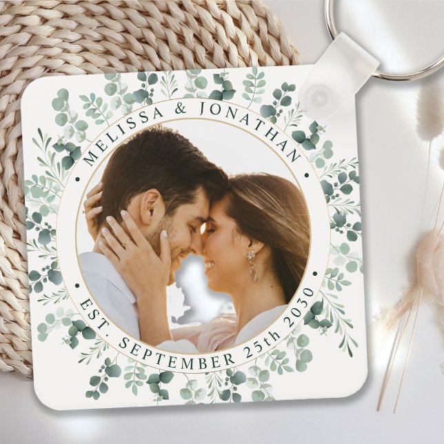 Modern Photo Custom Eucalyptus Greenery Wedding  Keychain (Creator Uploaded)