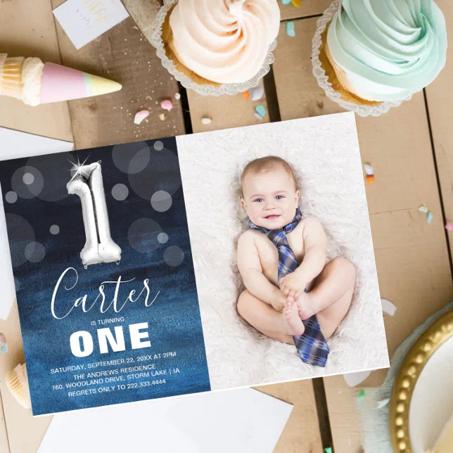 Modern Photo Cute Boy’s 1st Birthday Invitation | Zazzle