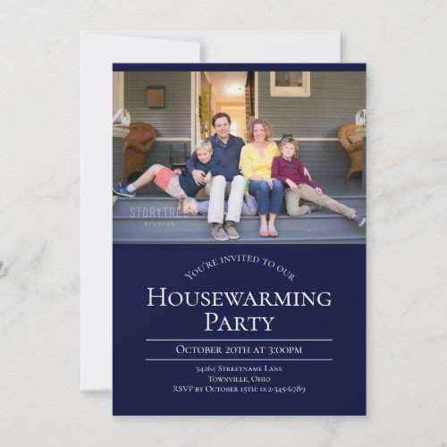 Modern Photo Dark Blue White Housewarming Invitation