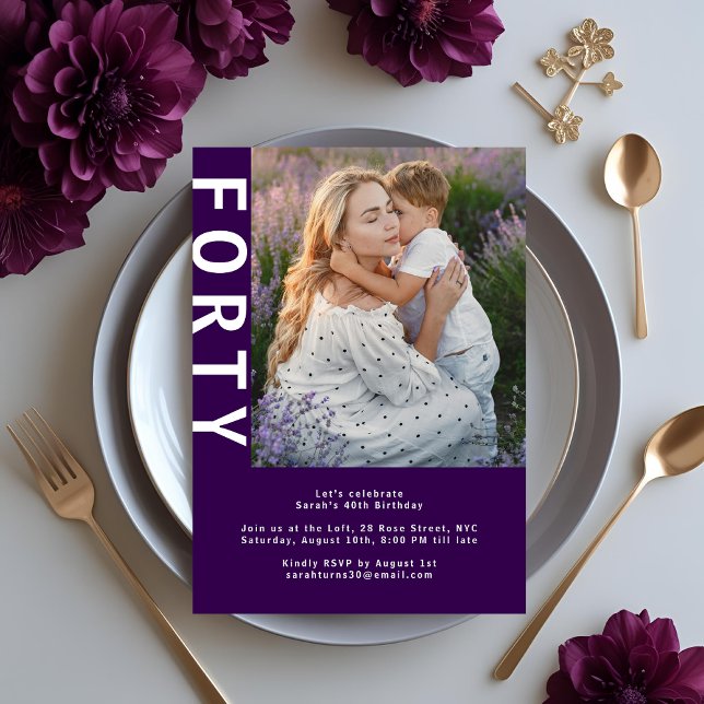 Modern Photo Dark Purple 40th Birthday Invitation  (Creator Uploaded)