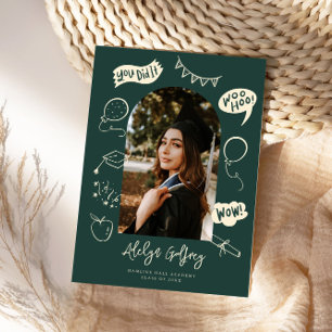 Modern Photo Doodle Graduation Green Announcement
