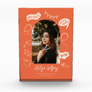 Modern Photo Doodle Graduation Orange Keepsake Block