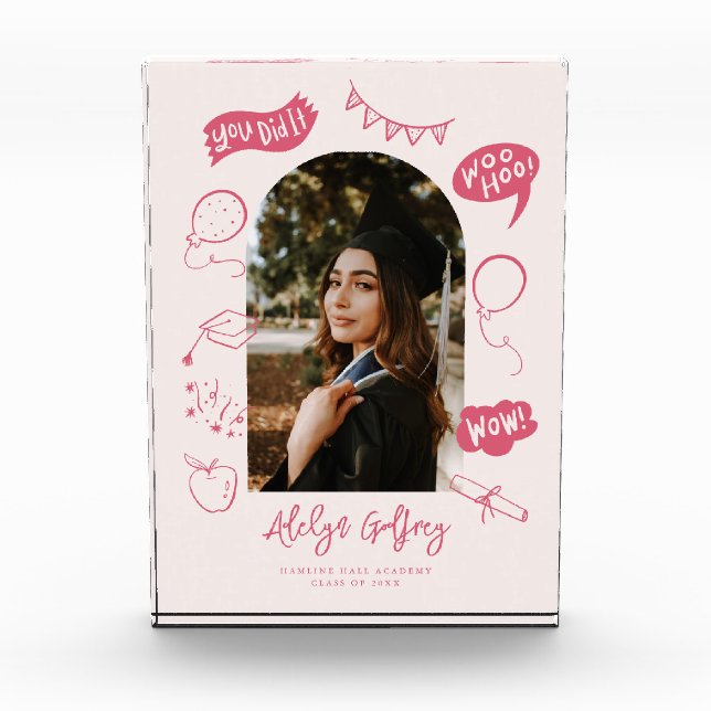 Modern Photo Doodle Graduation Pink Keepsake Block (Front)