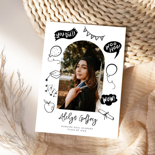 Modern Photo Doodle Graduation White Graduation Announcement (Creator Uploaded)