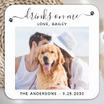Modern Photo Drinks On Me Dog Bar Pet Wedding Square Paper Coaster<br><div class="desc">Drinks On Me! Our custom pet photo coasters are the perfect way to show your love for your furry friend on your big day! These wedding coasters are elegant, modern, and cute, and they're sure to make your wedding reception or party one to remember. Plus, they're a great way to...</div>