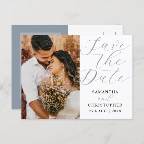 Modern Photo Dusty Blue Save the Date Wedding  Announcement Postcard