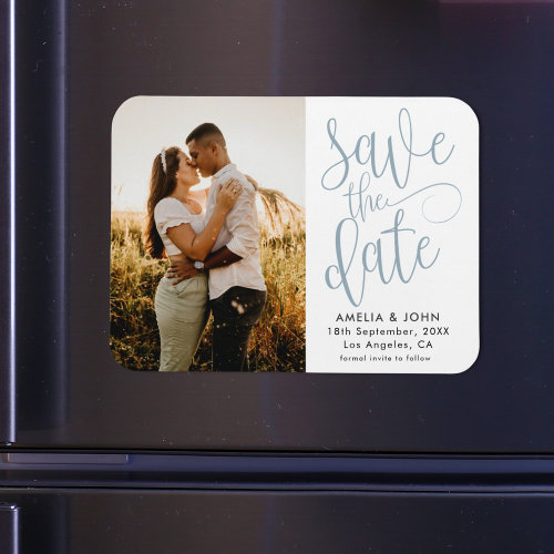Modern Photo Dusty Blue Save the Date Wedding Magnet