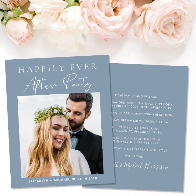 Modern Photo Dusty Blue Wedding Reception Invite (Your love story deserves a grand celebration!)