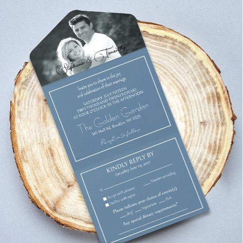 Modern Photo Dusty Blue Wedding RSVP All In One Invitation