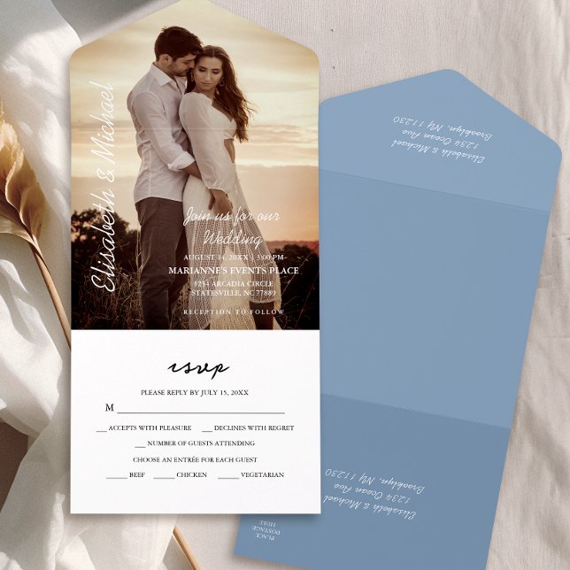 Modern Photo Elegant Dusty Blue Wedding All In One Invitation (Simplify your wedding with our all-in-one invitation – convenience and beauty in a single card.)