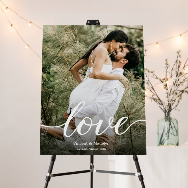Modern Photo Elegant Love script wedding welcome Foam Board (In Situ (Stand))