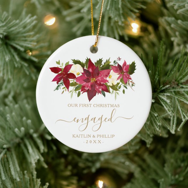 Modern Photo Elegant Our First Christmas Engaged Ceramic Ornament (Tree)
