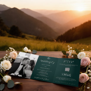 Modern Photo Emerald Green All-in-One Wedding Tri-Fold Program