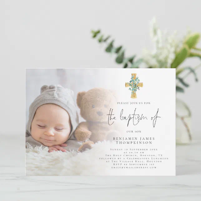 Modern Photo Eucalyptus Cross Baptism Invitation | Zazzle