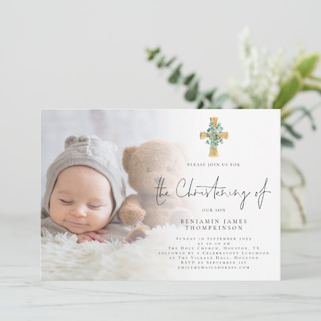 Modern Photo Eucalyptus Cross Christening  Invitation (Standing Front)