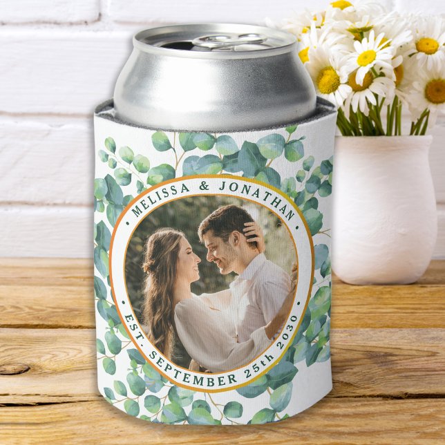 Modern Photo Eucalyptus Greenery Gold Wedding Can Cooler (Creator Uploaded)