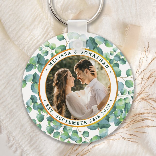 Modern Photo Eucalyptus Greenery Gold Wedding Keychain (Creator Uploaded)
