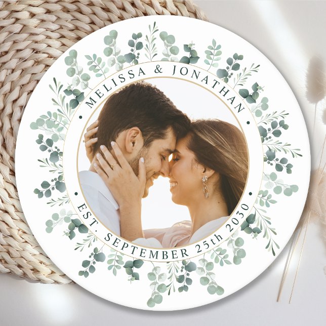 Modern Photo Eucalyptus Personalized Wedding Classic Round Sticker (Creator Uploaded)