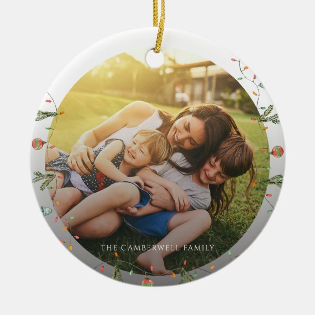 Modern Photo Family Christmas Keepsake Custom Ceramic Ornament (Front)