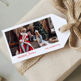 Modern Photo Family Portrait Red Christmas Gift Tags