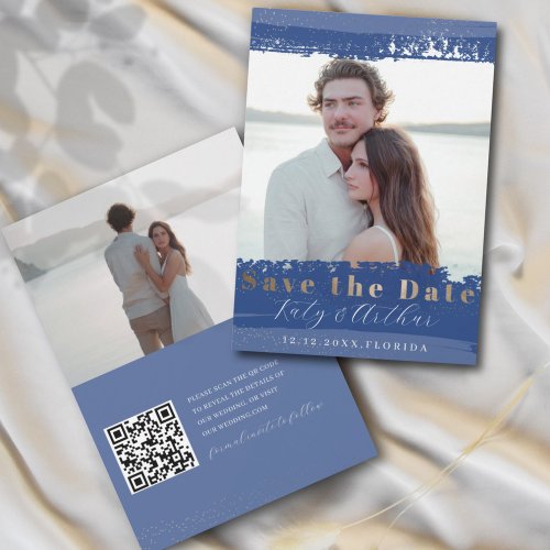 Modern Photo Faux Gold and Blue Save the Date 