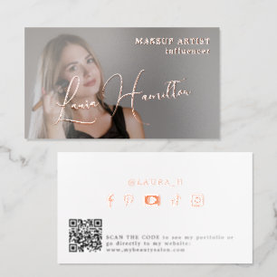 Modern photo feminine script QR code rose gold Foil Business Cards
