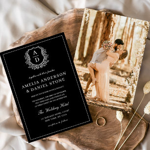Modern Photo Floral Crest Monogram Wedding Formal Invitation