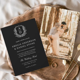 Modern Photo Floral Crest Monogram Wedding Formal Invitation