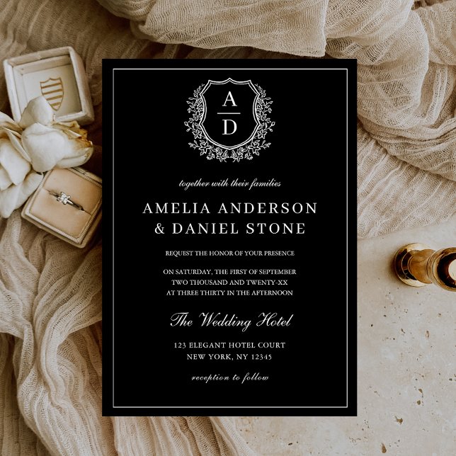 Modern Photo Floral Crest Monogram Wedding Formal Invitation (Creator Uploaded)