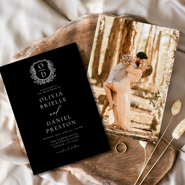 Modern Photo Floral Crest Monogram Wedding Formal Invitation (Creator Uploaded)