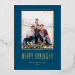 Modern Photo Frame Blue Happy Hanukkah Foil Holiday Card<br><div class="desc">Happy Hanukkah! Send Hanukkah wishes to family and friends with this customizable gold foil Hanukkah card. It features modern typography and a simple photo frame. Personalize by adding names and a photo. This gold foil Happy Hanukkah card is available on other cardstock.</div>