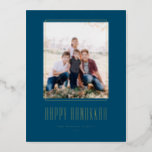 Modern Photo Frame Blue Happy Hanukkah Foil Holiday Postcard<br><div class="desc">Happy Hanukkah! Send Hanukkah wishes to family and friends with this customizable gold foil Hanukkah postcard. It features modern typography and a simple photo frame. Personalize by adding names and a photo. This gold foil Happy Hanukkah postcard is available on other cardstock.</div>