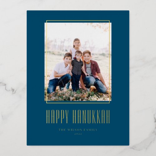 Modern Photo Frame Blue Happy Hanukkah Foil Holiday Postcard
