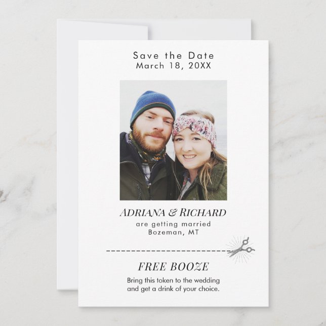 Modern Photo Free Booze Coupon Wedding  Save The Date (Front)