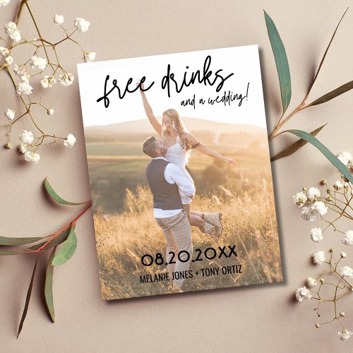 Modern Photo Free Drinks Wedding Save the Date Announcement Postcard