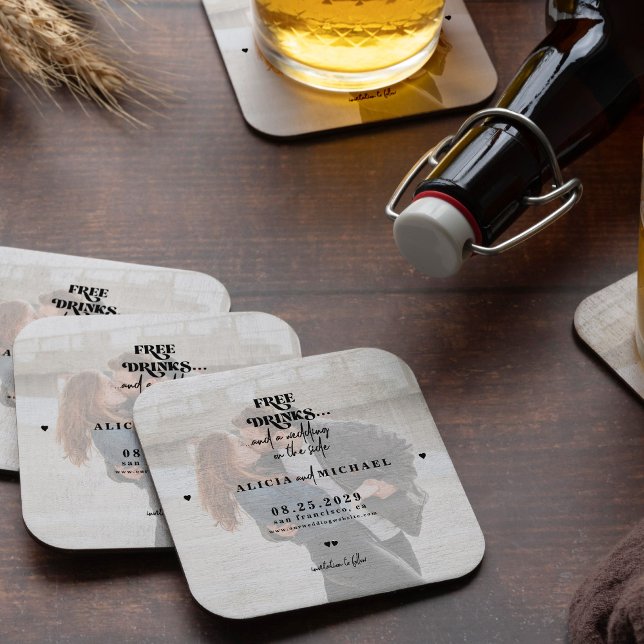 Modern photo free drinks wedding save the date beverage coaster (Creator Uploaded)