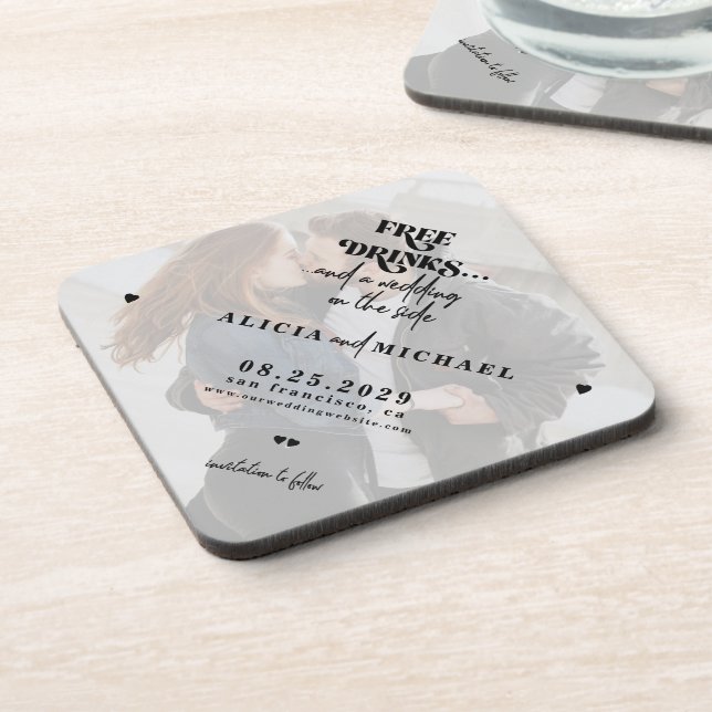 Modern photo free drinks wedding save the date  beverage coaster (Left Side)