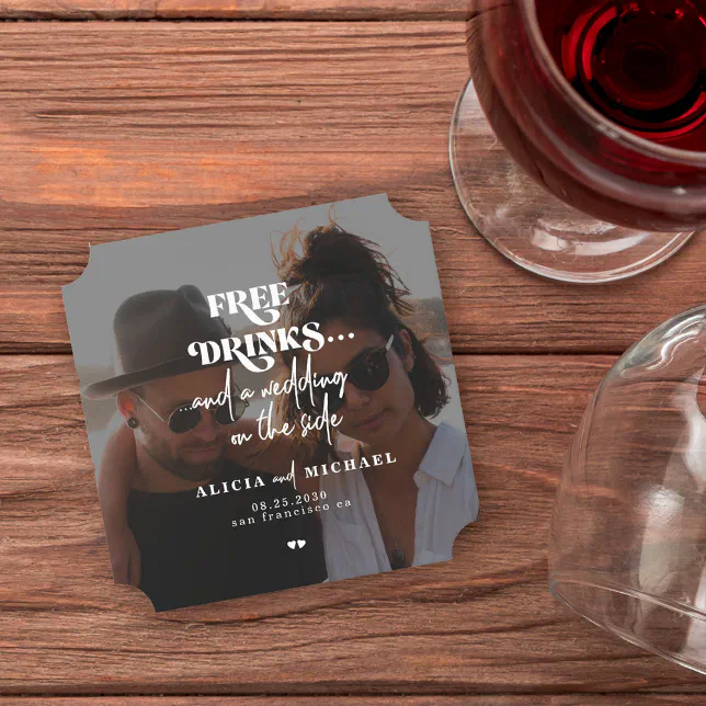 Modern photo free drinks wedding save the date paper coaster
