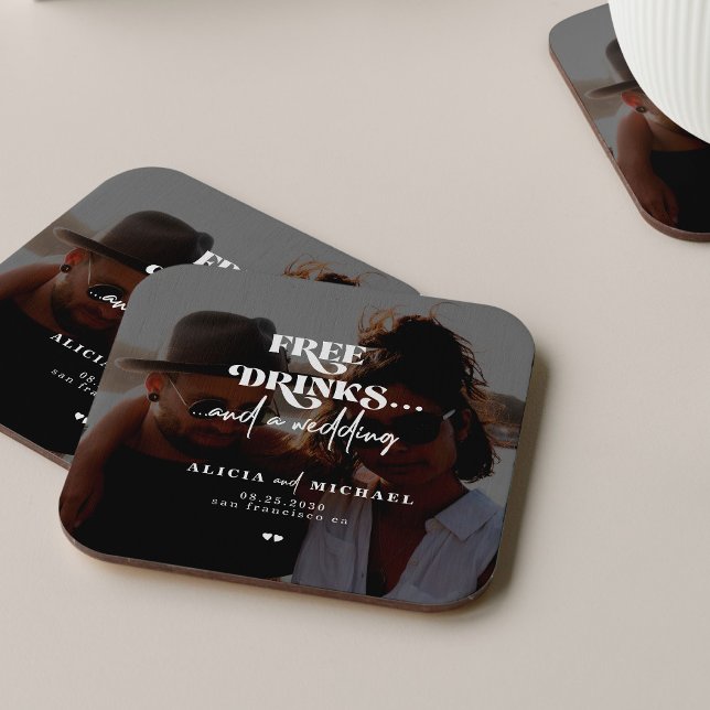 Modern photo free drinks wedding save the date square paper coaster (Creator Uploaded)