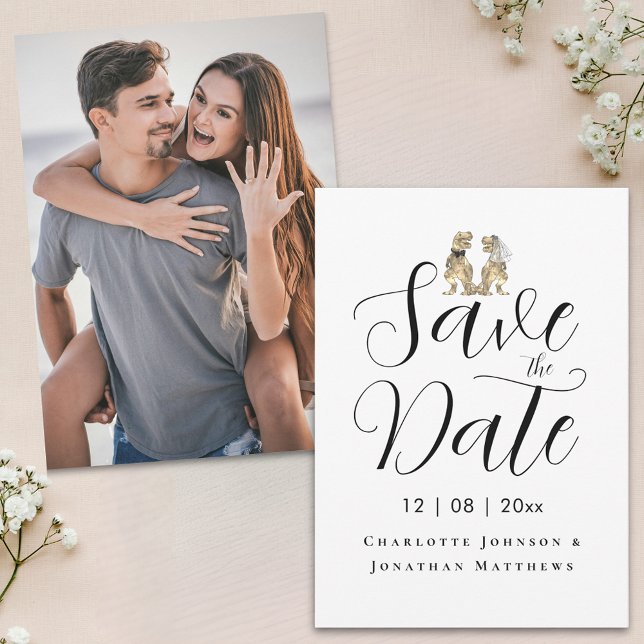 Modern Photo Funny Dinosaur Themed Wedding Save The Date (Modern photo funny dinosaur wedding save the date invitation T-Rex dino bride & groom elegant script)