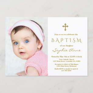 Modern Photo Girl Gold Cross Baptism Invitation