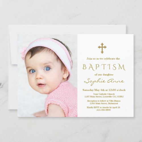 Modern Photo Girl Gold Cross Baptism Invitation