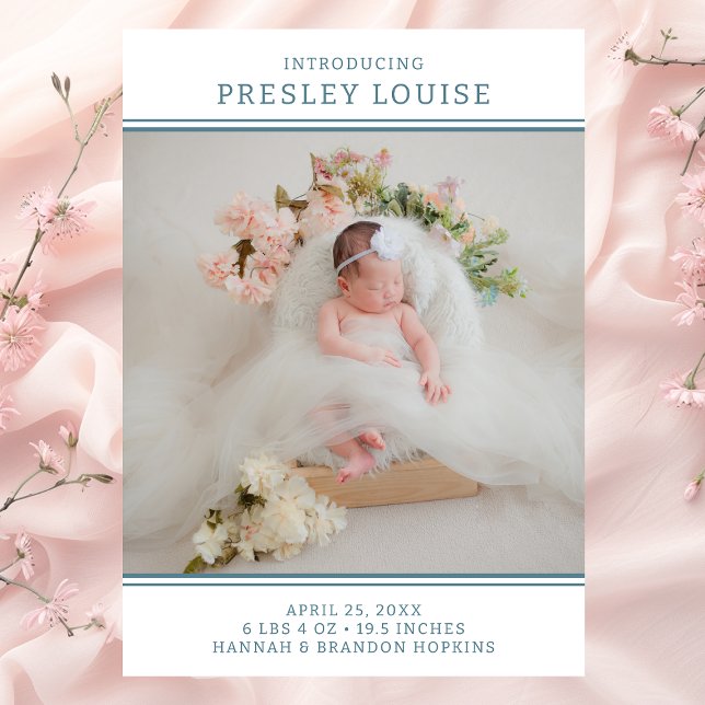 Modern Photo Girl Teal Birth Announcement (Creator Uploaded)